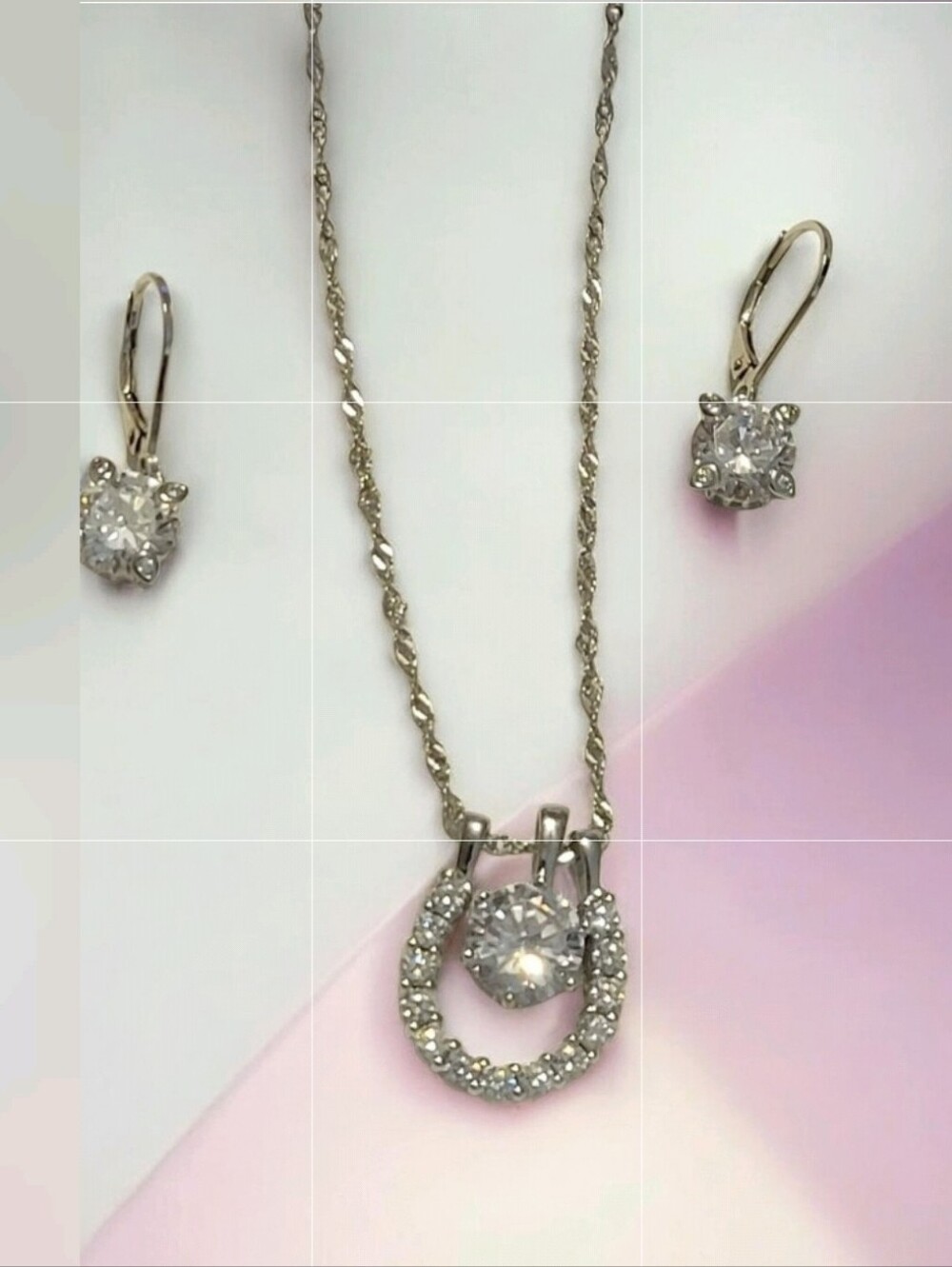 Silver Crystal Horseshoe Pendant Necklace and Earrings Set